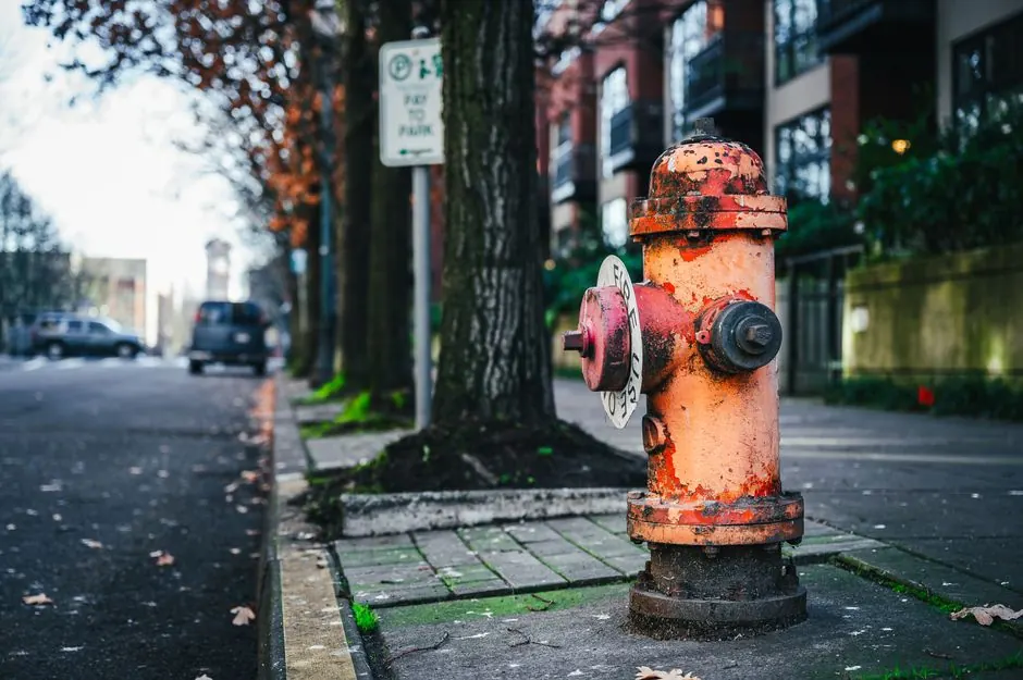 Old metal rusty fire hydrant placed near asphalt roadway on street with residential houses and tall trees on blurred background